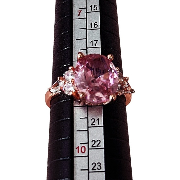 Cocktail Dinner Ring Inlaid Pink Crystal Zircon Rose Golden 925 Silver Plate - Picture 8 of 11